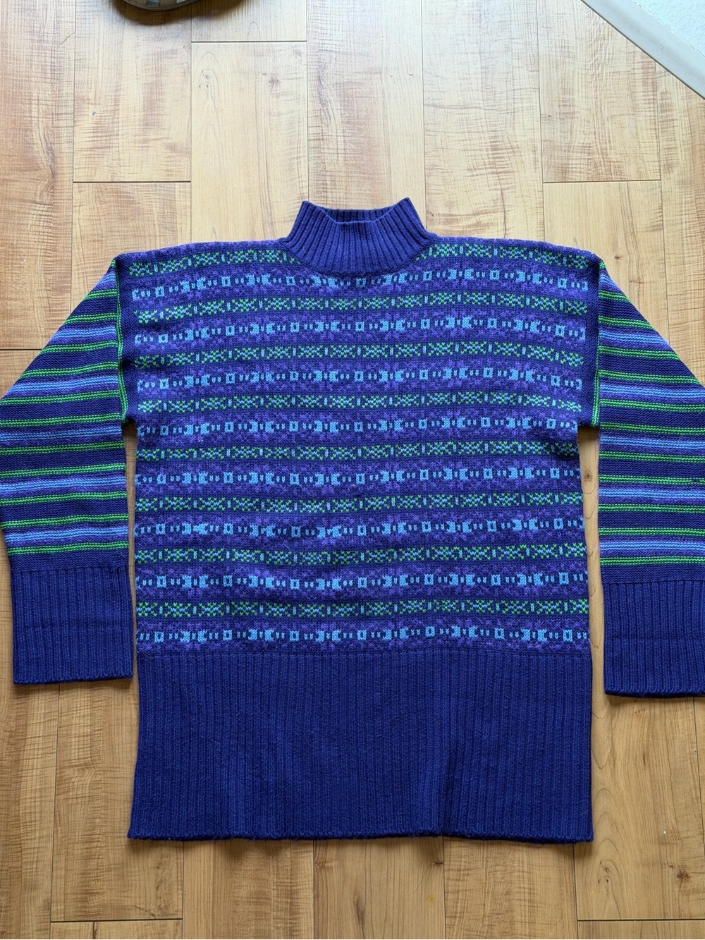 Vintage Stefano Basics Fair Isle Mohair Blend Mock Neck Sweater Purple Green